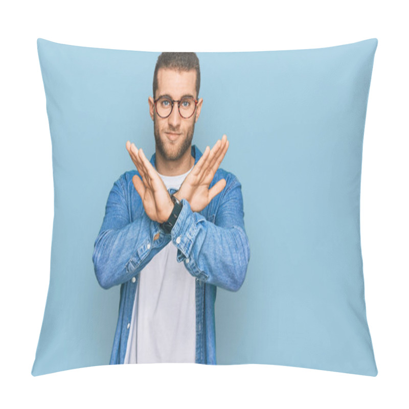 Personality  Young Caucasian Man Wearing Casual Clothes Rejection Expression Crossing Arms And Palms Doing Negative Sign, Angry Face  Pillow Covers