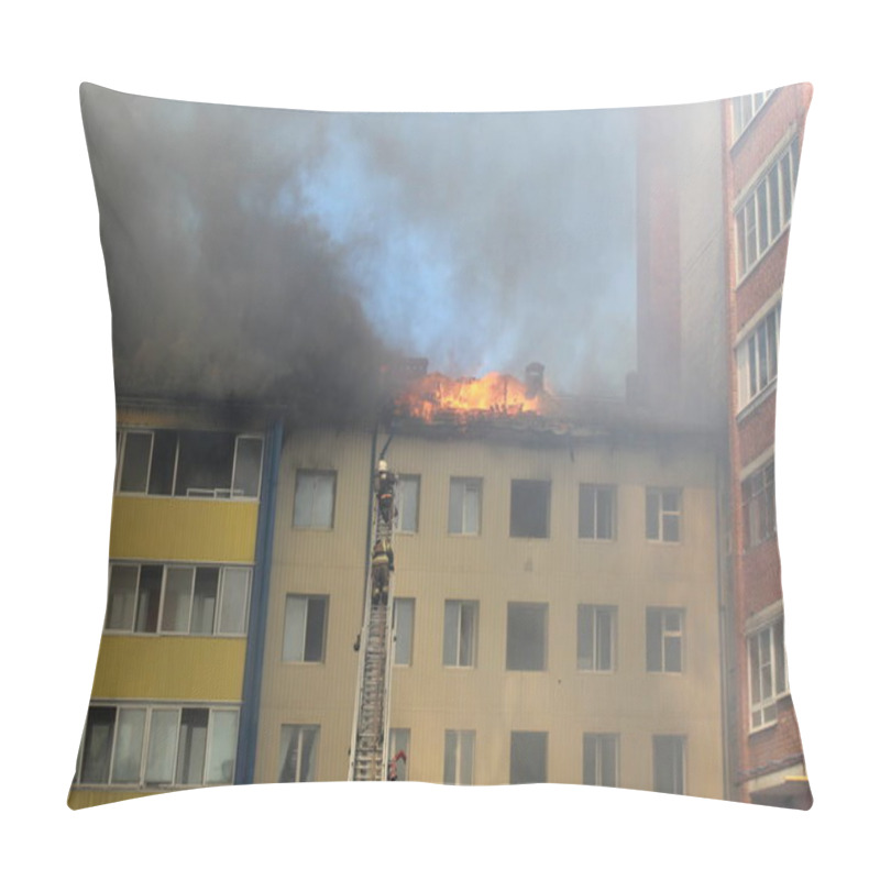 Personality  Blurred Photo, Two Firefighters Rescuers Climb The Stairs To The Fire Pillow Covers