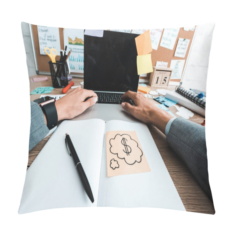 Personality  Cropped View Of Woman Using Laptop With Blank Screen Near Notebook On Table  Pillow Covers