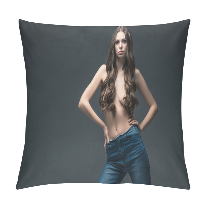 Personality  Beautiful Half Naked Girl With Long Hair Standing In Akimbo Position, Isolated On Grey Pillow Covers