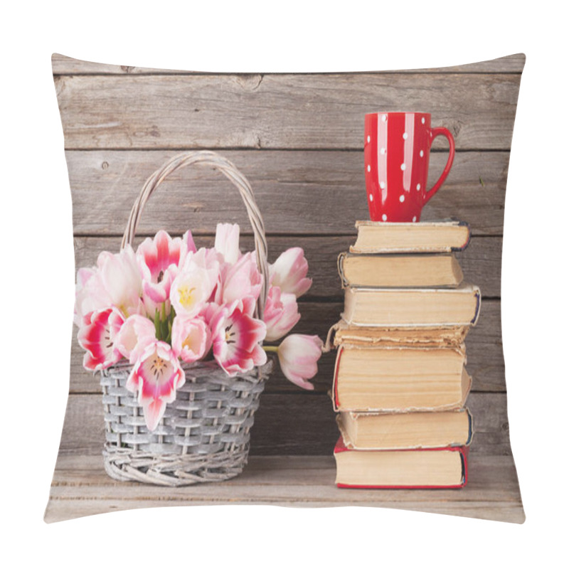 Personality  Pink Tulips Bouquet Basket, Old Books And Coffee Cup In Front Of Wooden Wall. Easter Greeting Card Pillow Covers