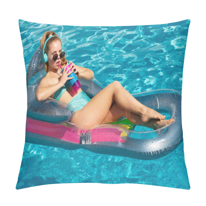 Personality  Sexy Young Woman On The Inflatable Mattress In Swimming Pool. Tropical Beach. Vacation Travel. Pillow Covers