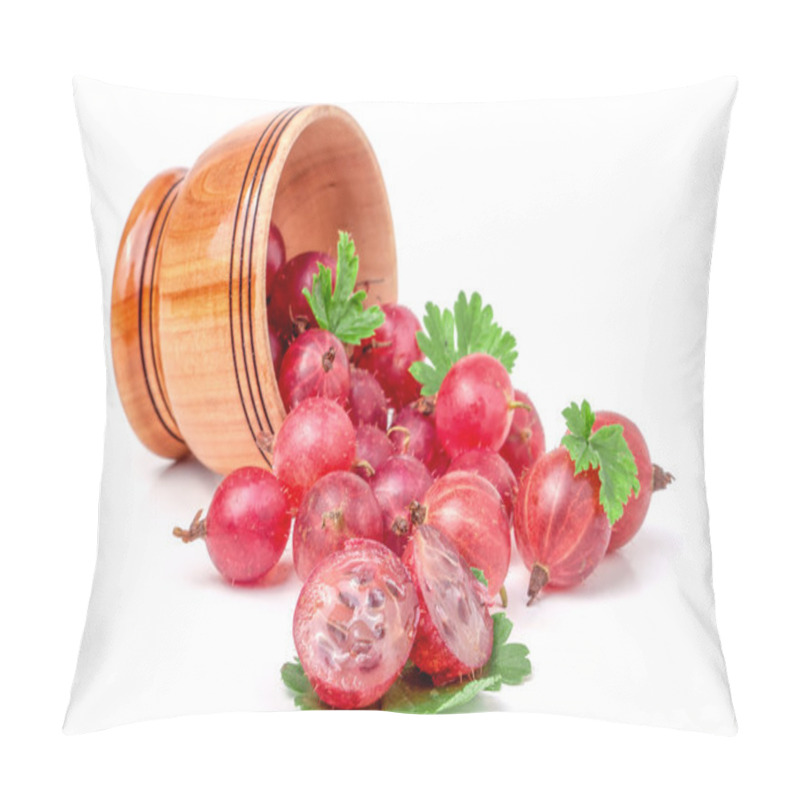 Personality  Red Gooseberries Spill Out Of Wooden Bowl Isolated On White Pillow Covers