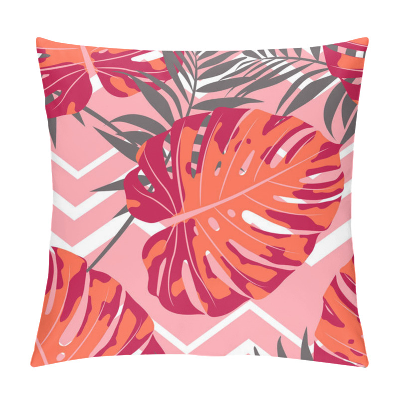 Personality  Trendy Exotic Abstract Seamless Pattern With Palm Leaves And Geometric Elements On Pink Background. Vector Illustration Pillow Covers