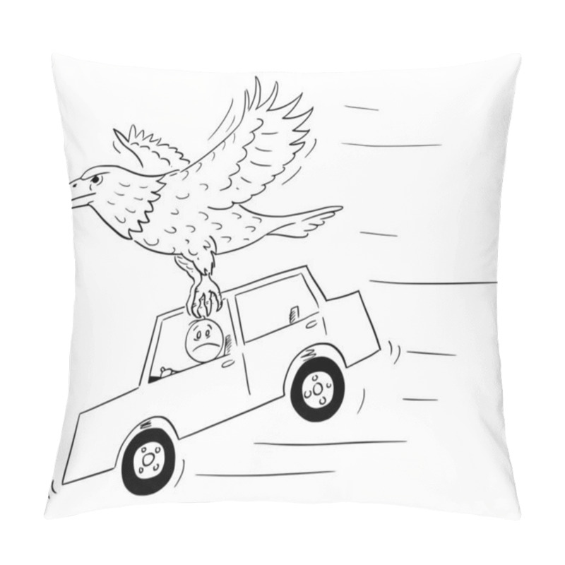 Personality  Eagle Carries Car As Prey Away, Vector Cartoon Stick Figure Or Character Illustration. Pillow Covers