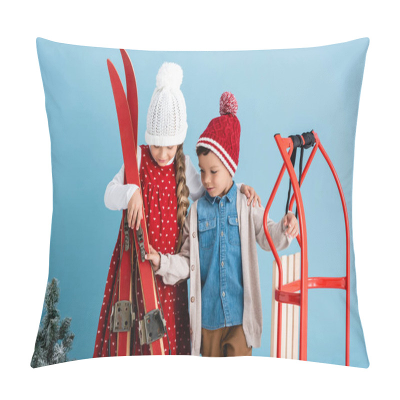 Personality  Girl In Winter Outfit Holding Skis Near Brother With Sleight On Blue  Pillow Covers