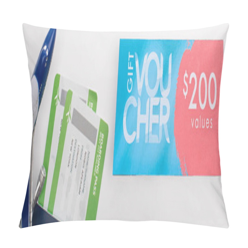 Personality  Panoramic Crop Of Toy Airplane Near Passport With Air Tickets And Gift Voucher On White Background Pillow Covers