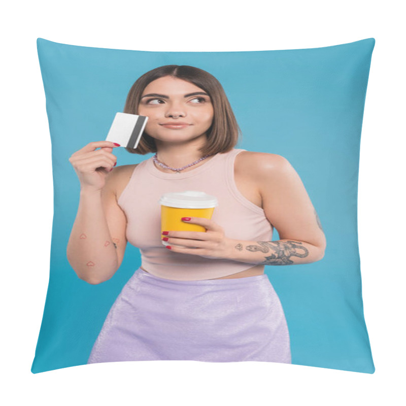 Personality  To Go Coffee, Young Woman With Short Hair, Tattoos And Nose Piercing Holding Paper Cup And Credit Card On Blue Background, Generation Z, Summer Trends, Attractive, Coffee Culture, Dream Pillow Covers