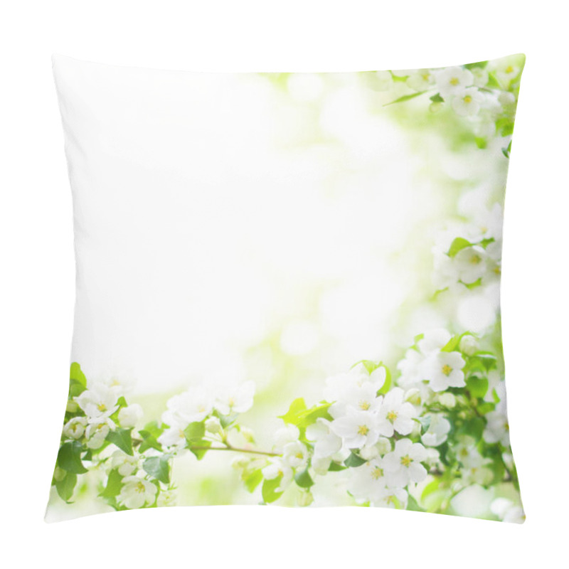 Personality  White Flowers And Green Leaves On Blurred Bokeh Background Closeup, Blooming Apple Tree Branch, Spring Cherry Blossom, Delicate Sakura Flowers In Bloom, Beautiful Sunny Summer Nature Frame, Copy Space Pillow Covers