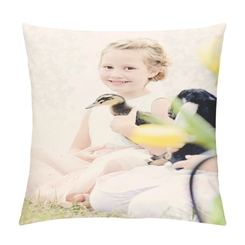 Personality  Girl Smiling  Holding A Duckling With Flowers In Foreground. Pillow Covers