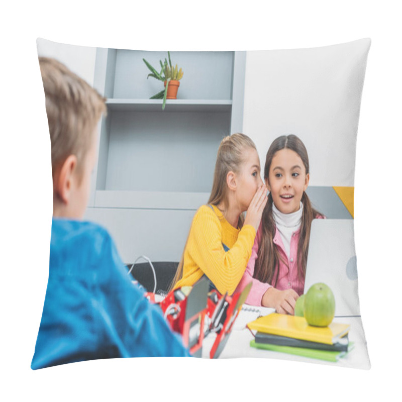 Personality  Happy Classmates Whispering And Using Laptop After Lesson  Pillow Covers