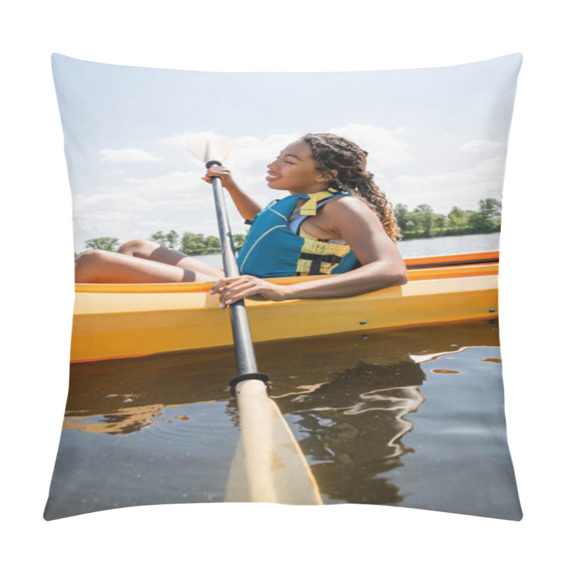 Personality  Side View Of Brunette And Appealing African American Woman In Life Vest Holding Paddle And Sailing In Sportive Kayak During Water Recreation In Summer Pillow Covers