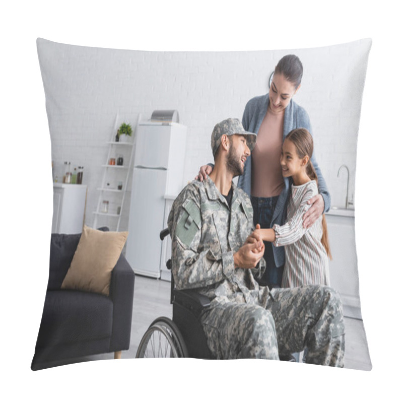 Personality  Smiling Kid Holding Hand Of Dad In Military Uniform In Wheelchair Near Mother At Home  Pillow Covers