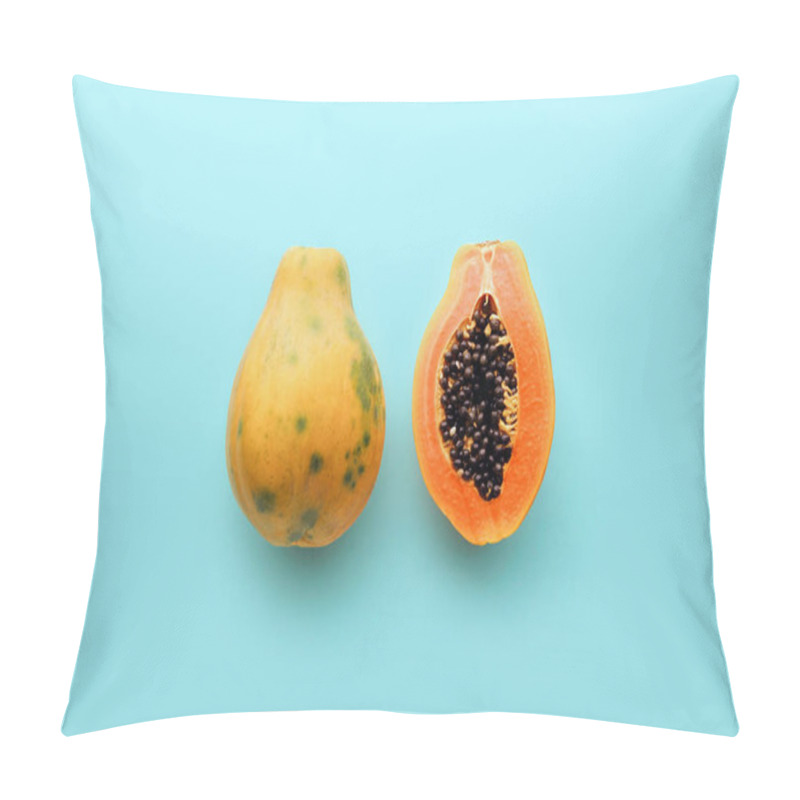 Personality  Hawaii Papaya On A Pastel Blue Background, Creative Food Concept, Tropical Fruit Flat Lay Pillow Covers