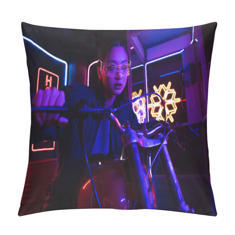 Personality  Young Asian Woman In Sunglasses Riding Motorcycle Outside  Pillow Covers