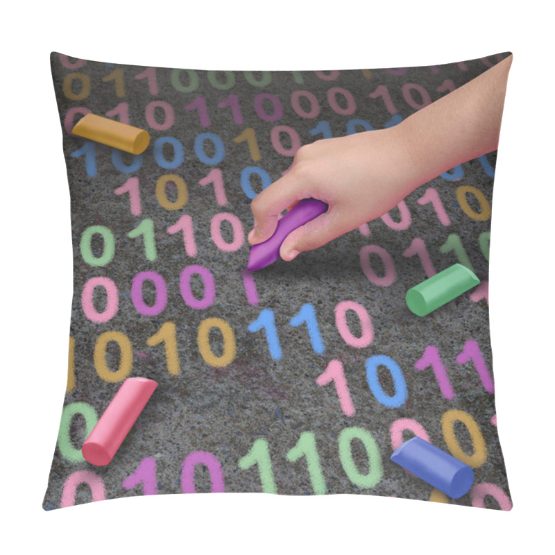 Personality  Coding For Kids And Learn To Code For Children As A Computer Programming Technology Teaching As A Student Drawing Binary Code With A Chalk On Asphalt In A 3D Illustration Style. Pillow Covers