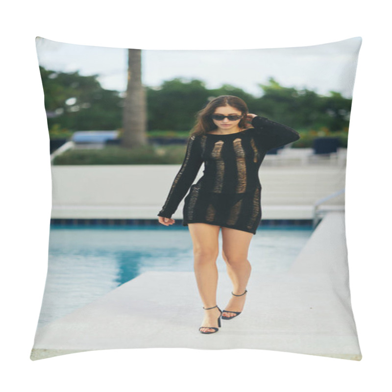 Personality  Sexy Brunette Woman With Tanned Skin Walking Next To Outdoor Swimming Pool, Tourist In Black Knitted Dress, High Heels And Sunglasses In Luxury Resort During Vacation In Miami   Pillow Covers