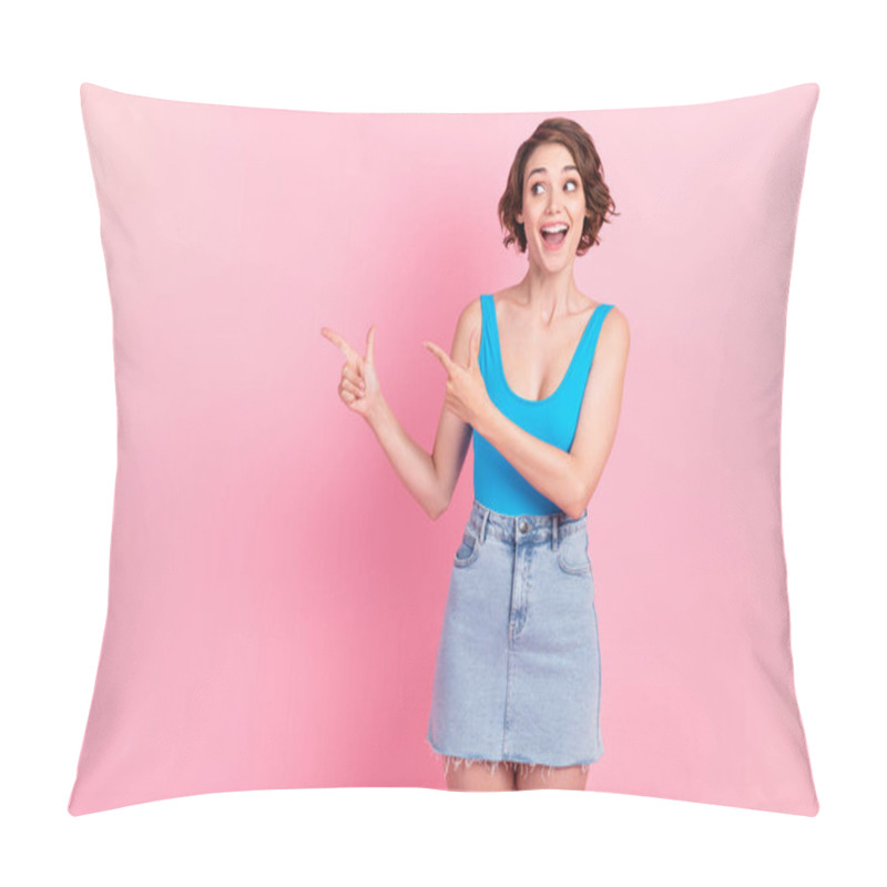 Personality  Photo Of Cute Charming Young Lady Directing Fingers Excited Look Empty Space Demonstrate Discount Regular Costumer Wear Denim Mini Skirt Blue Singlet Isolated Pink Color Background Pillow Covers