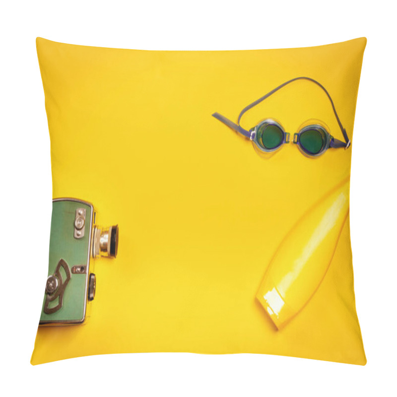 Personality  Yellow Holiday Background With An Old Camera, Swimming Goggles And Sunscreen Pillow Covers