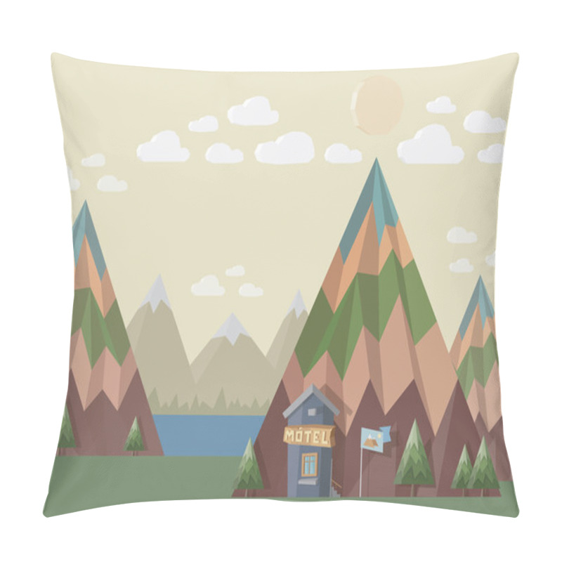 Personality  Motel At The End Of The World In Place With Beautiful Nature Landscape - Mountains, Lake, Trees, Clouds And Sun. 3D Style Illustration. Pillow Covers