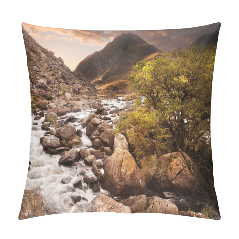 Personality  Waterfall In Mountains With Moody Dramatic Mountain Sunset Lands Pillow Covers