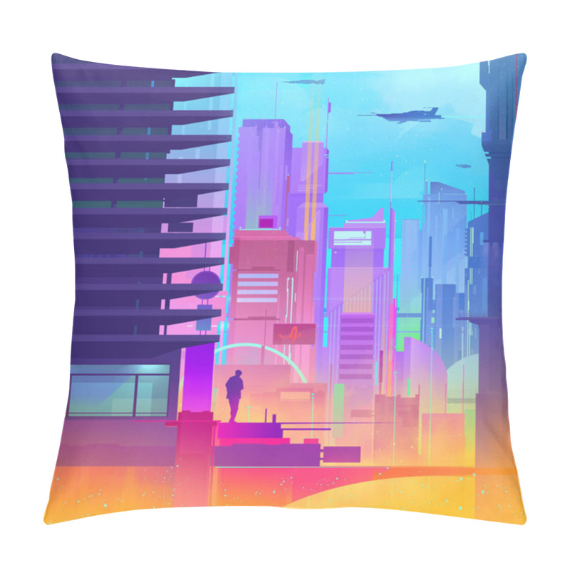 Personality  Drawn Bright Silhouette Of A Man In The City Of The Future With Skyscrapers Pillow Covers