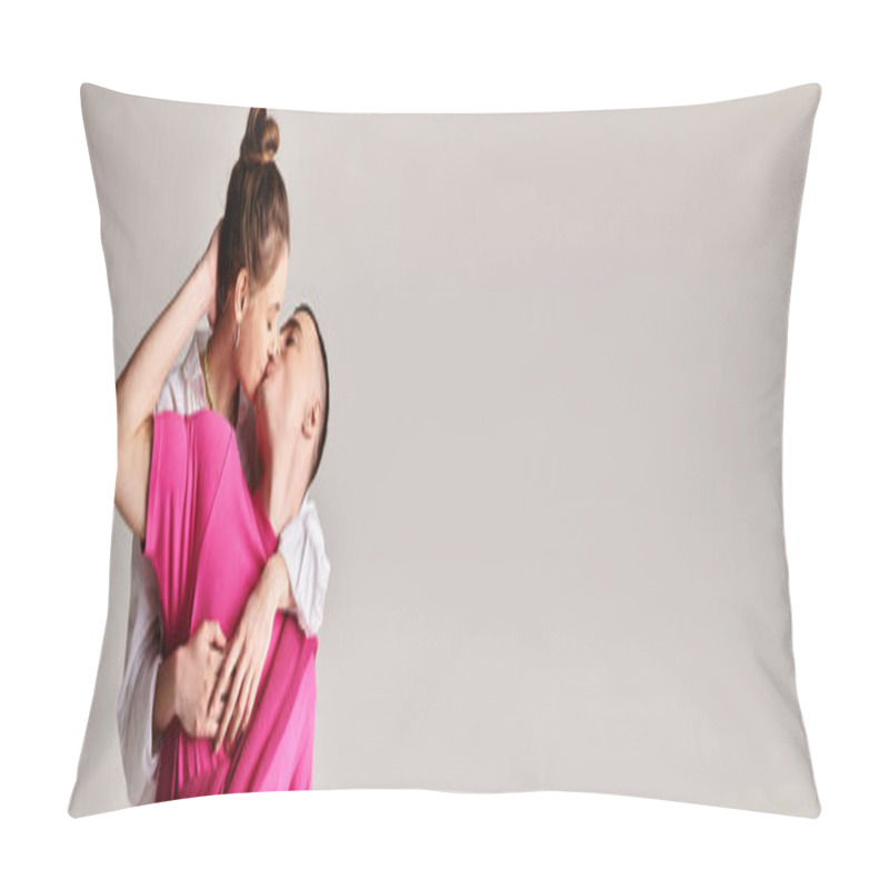 Personality  A Stylish Young Couple Passionately Hugging Each Other In A Studio With A Grey Background. Pillow Covers