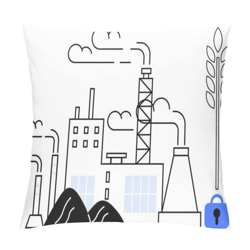 Personality  A Factory With Smoke Stacks Emitting Clouds Stands Beside A Representation Of Wheat And A Padlock. Ideal For Environmental Awareness Industrial Production Agriculture Security Measures Food Safety Pillow Covers