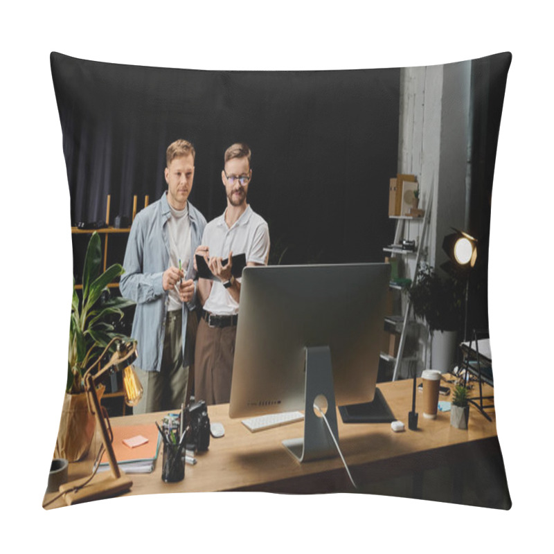 Personality  Two Happy Men, Stylishly Dressed, Collaborate On A Computer At A Desk. Pillow Covers