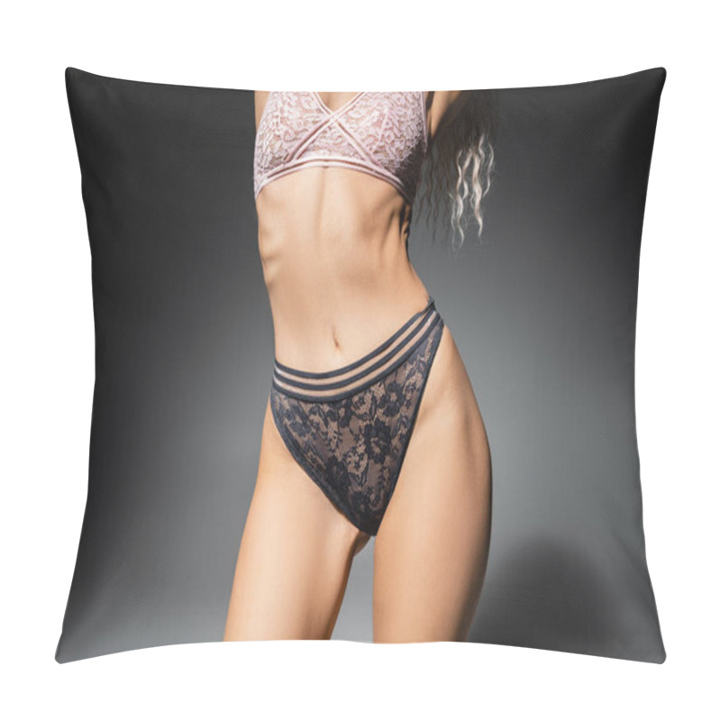 Personality  Partial View Of Slender Woman In Lace Underwear, Panties And Bra, Posing On Black And Grey Background, Sexy And Slender Body, Seductive Pose, Beauty, Confidence And Self-expression Pillow Covers