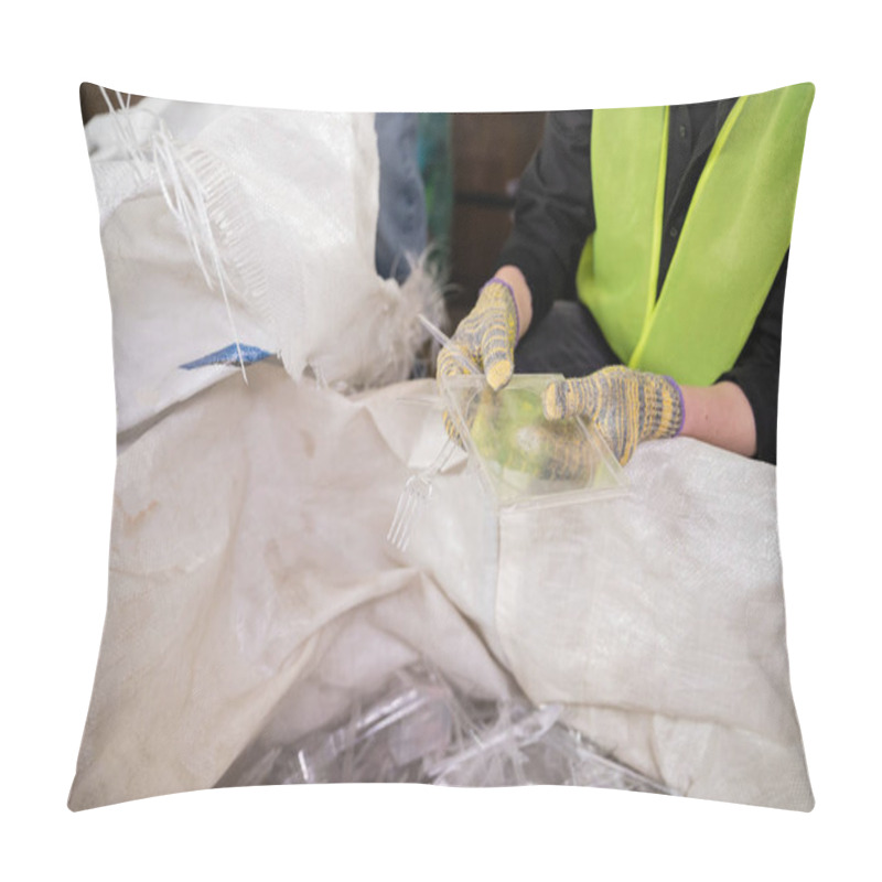 Personality  Cropped View Of Worker In Protective Gloves And Safety Vest Holding Plastic Trash Near Sack For Recycle While Working In Waste Disposal Station, Garbage Sorting And Recycling Concept Pillow Covers