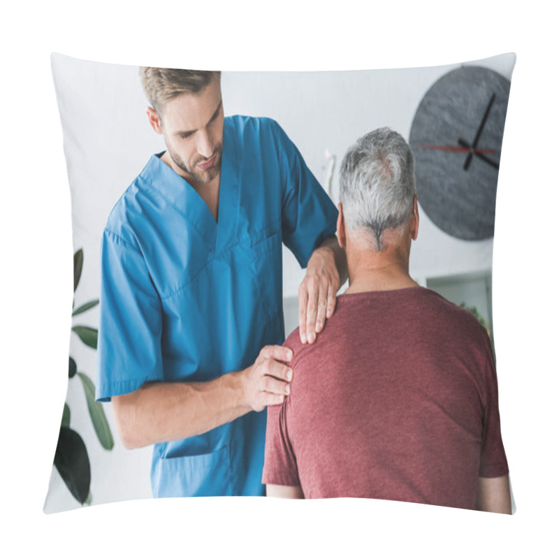 Personality  Back View Of Patient Sitting Near Handsome Doctor In Clinic  Pillow Covers