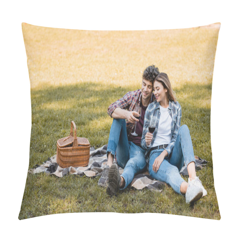 Personality  Couple Sitting On Plaid Blanket And Holding Glasses Of Red Wine  Pillow Covers