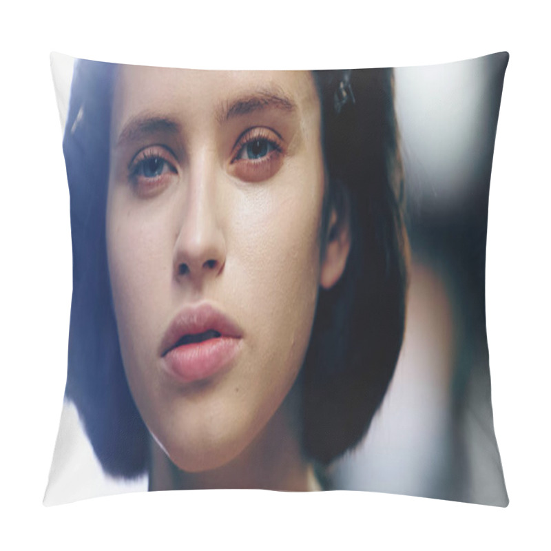 Personality  Young Model With Makeup Foundation On Face Looking Away Pillow Covers