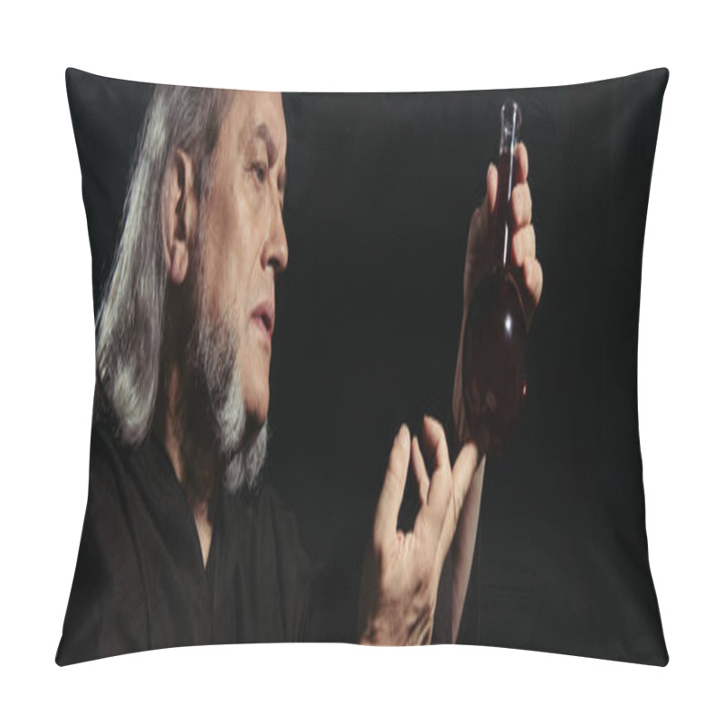 Personality  Medieval Alchemist Holding Flask With Magic Drink Isolated On Black, Banner Pillow Covers