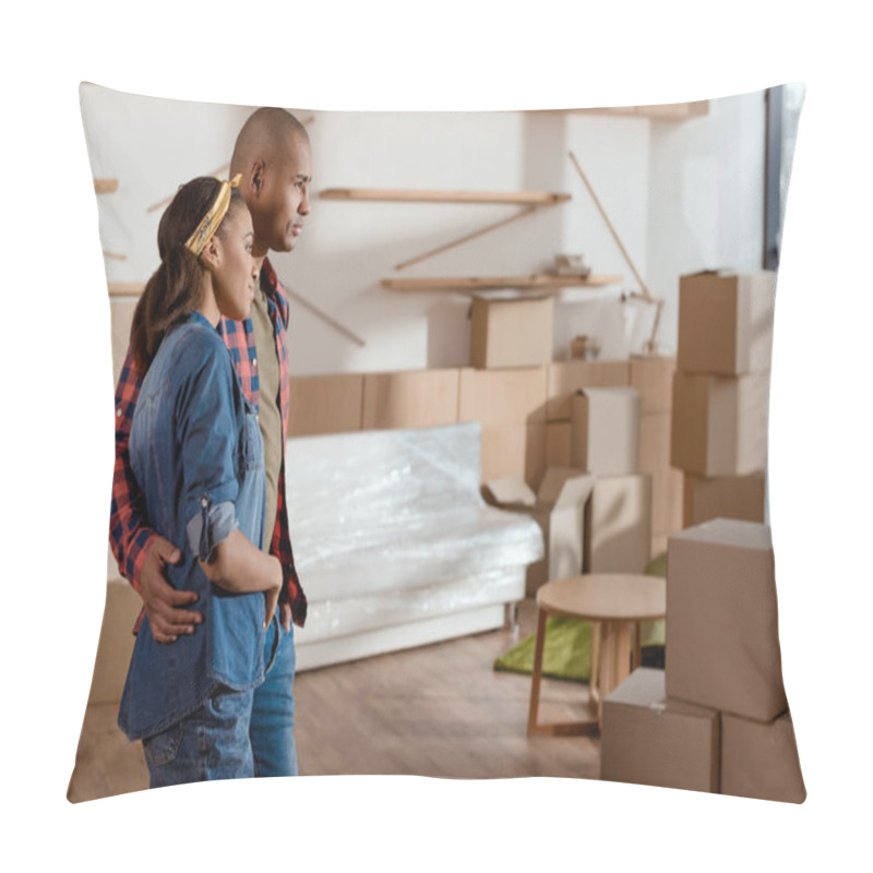 Personality  African American Couple Looking At New Home With Cardboard Boxes Pillow Covers