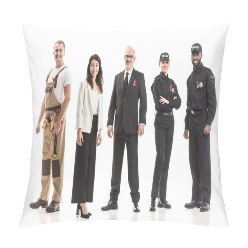 Personality  Group Of Smiling People With Various Professions And Aids Awareness Red Ribbons Isolated On White Pillow Covers