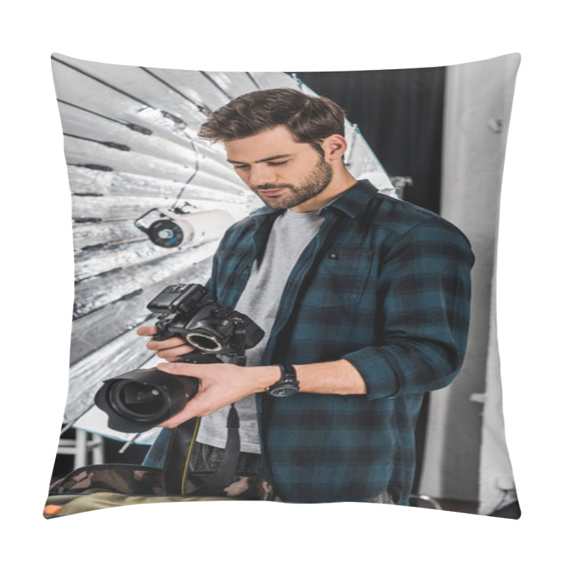 Personality  Handsome Young Photographer Holding Professional Photo Equipment In Studio Pillow Covers