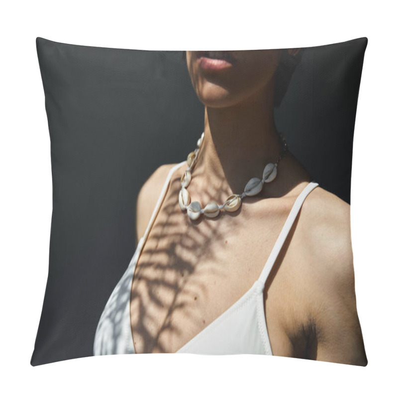 Personality  A Woman Adorned In A Stylish Seashell Necklace Poses Gracefully. Pillow Covers