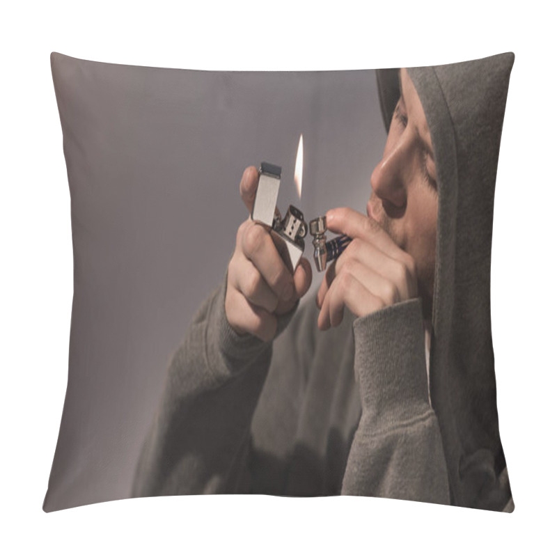 Personality  Selective Focus Of Addicted Man Lightening Smoking Pipe With Metallic Lighter Pillow Covers