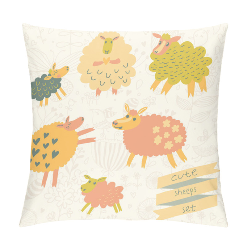 Personality  6 Funny Sheep In Cartoon Style In Vector. Pillow Covers