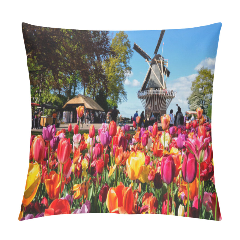 Personality  Blooming Tulips Flowerbed And Wind Mill In Keukenhof Garden, Aka The Garden Of Europe, One Of The World Largest Flower Gardens Windmill Tourists. Lisse, Netherlands Pillow Covers