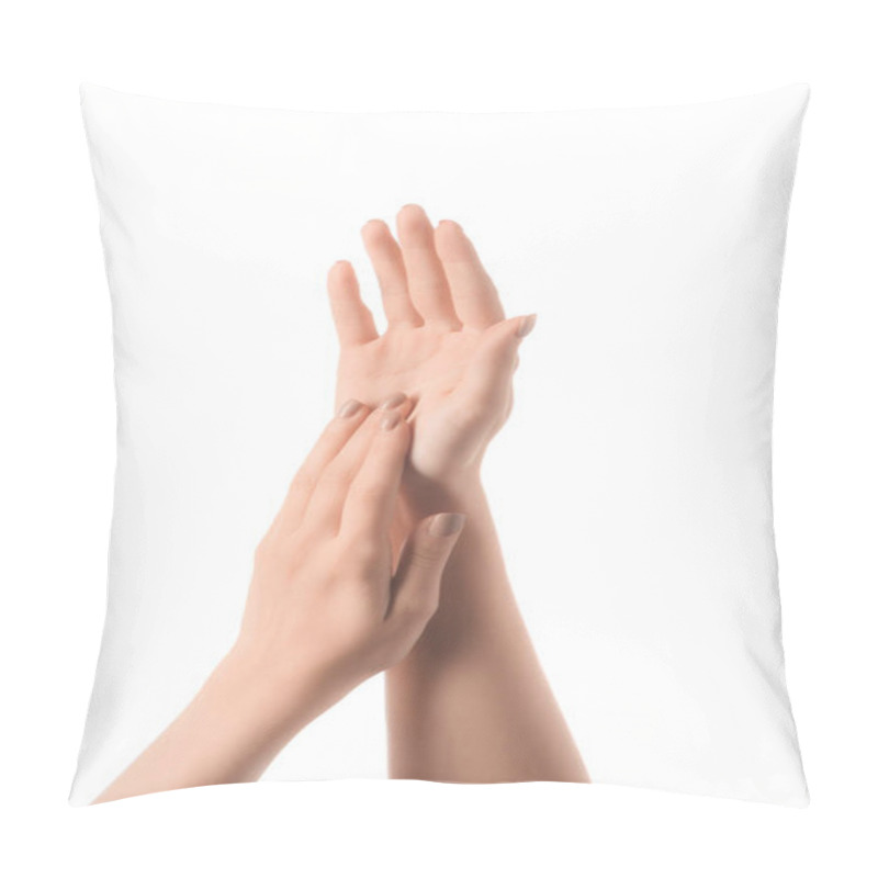 Personality  Partial View Of Woman Hands Touching Isolated On White Pillow Covers