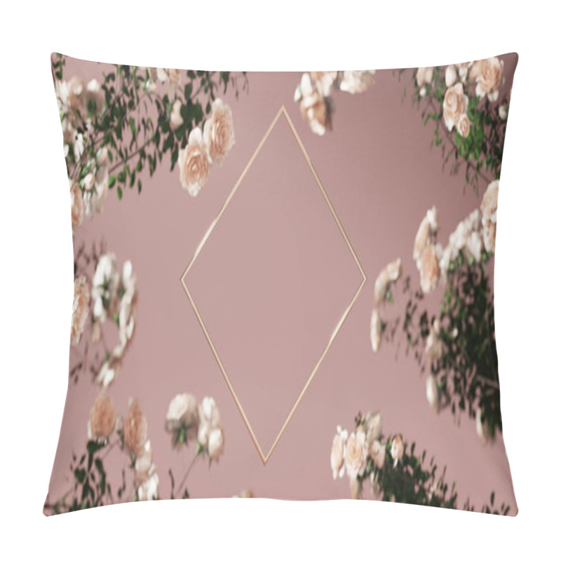 Personality  3D Background Square Gold Frame Display. On Dust Pink. Nature Rose Flower Blossom. Feminine Summer And Spring, Beauty Product, Cosmetic Promotion Or Text Showcase Banner . Abstract  Mockup 3D Render Pillow Covers