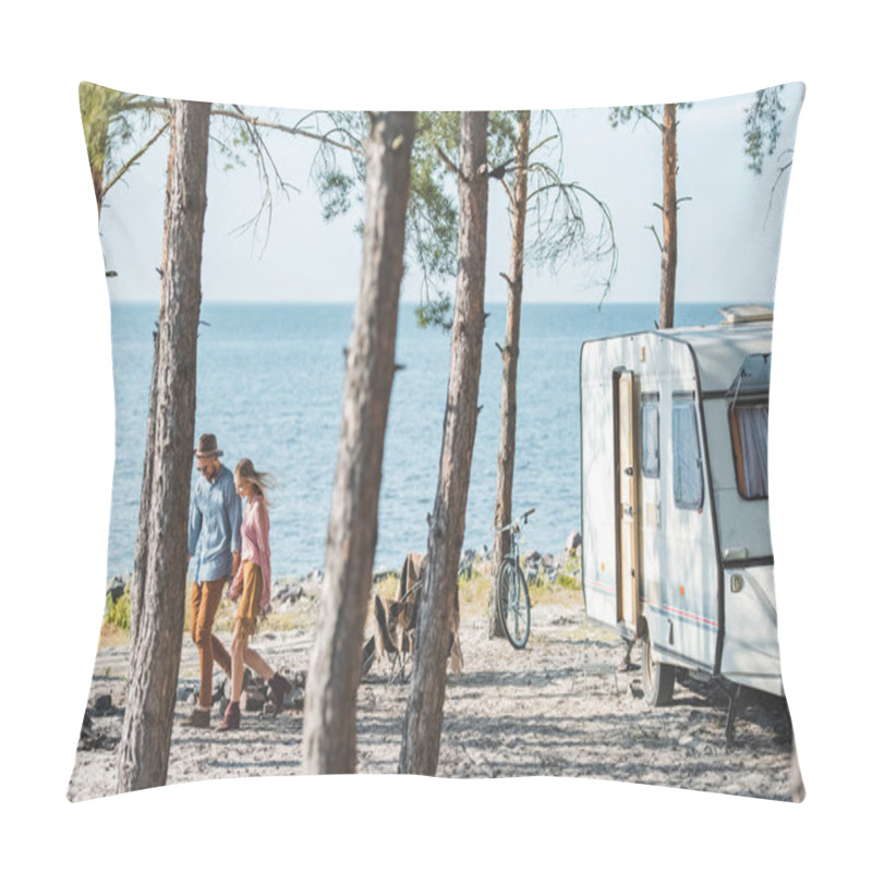 Personality  Young Couple Holding Hands And Walking In Nature Near Campervan Pillow Covers