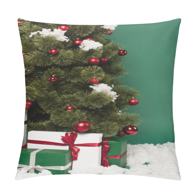 Personality  Presents Near Christmas Tree And Decorative Snow On Green Background  Pillow Covers