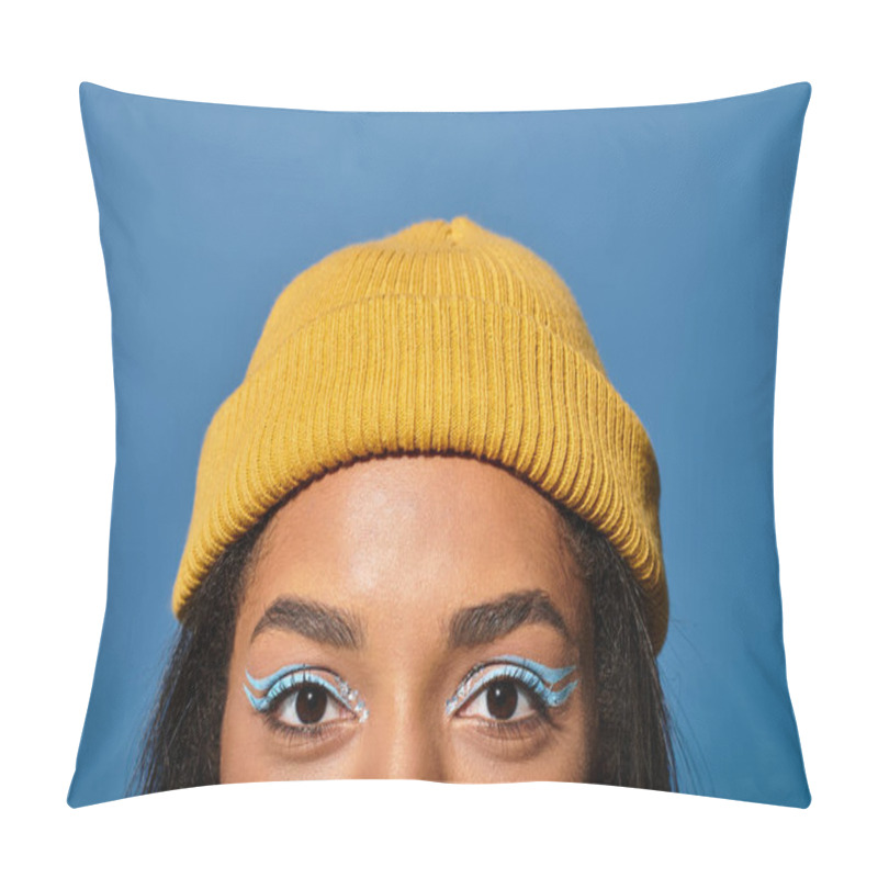 Personality  Sporting A Chic Beanie And Bold Eye Makeup, A Young Woman Embraces Autumns Warm Vibes. Pillow Covers