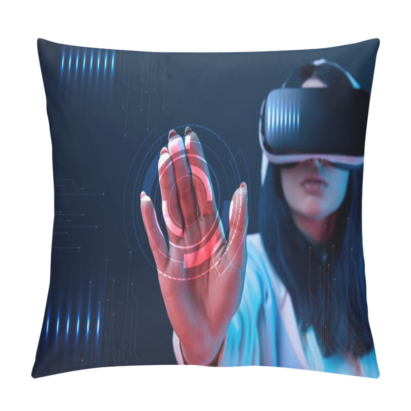 Personality  Selective Focus Of Young Woman In Virtual Reality Headset Pointing With Hand At Cyber Illustration On Dark Background Pillow Covers