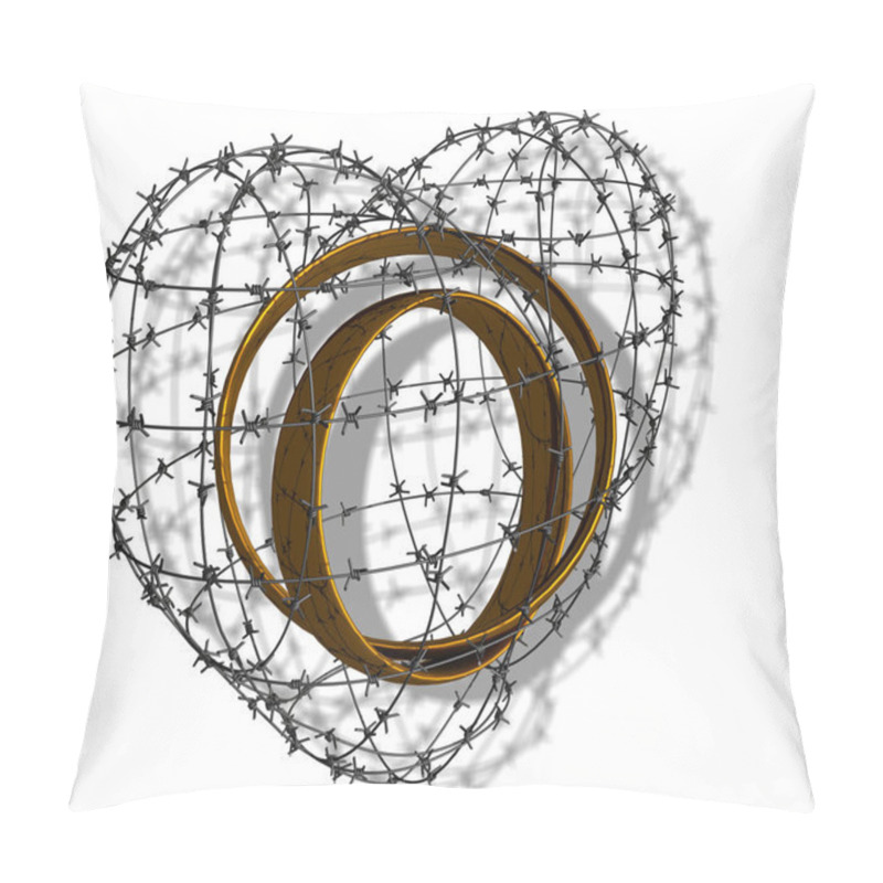 Personality  Wedding Rings In The Inside Of Barbed Wire In The Shape Of A Heart. Transparent Background. 3D Rendering. Pillow Covers