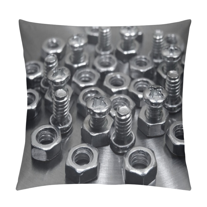 Personality  Threaded Connection. Bolts And Nuts On Aluminium Surface Macro Shot Pillow Covers